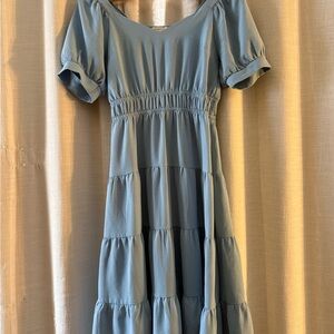 Smocked Waist Puff-Sleeve Midi Dress in Dusty Blue